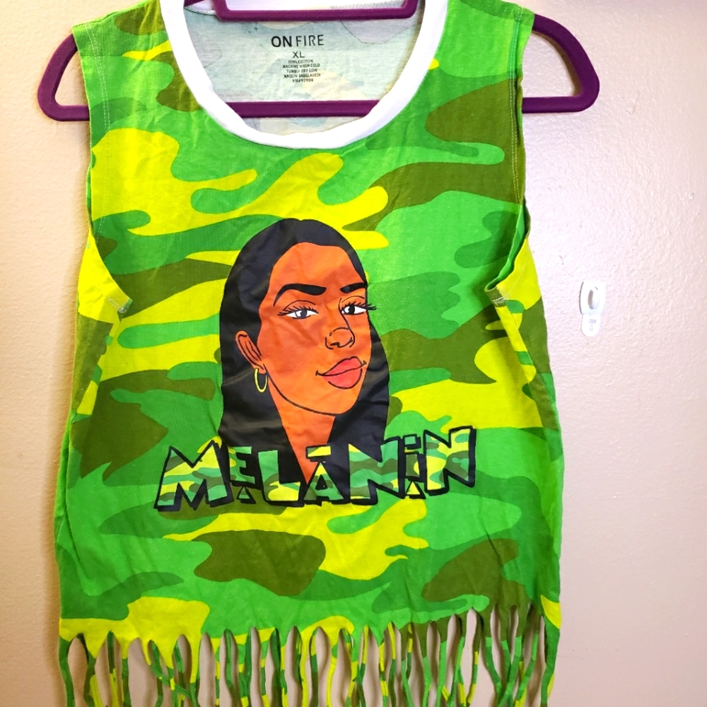 Sleeveless Army Fatigue Fringe Shirt.
